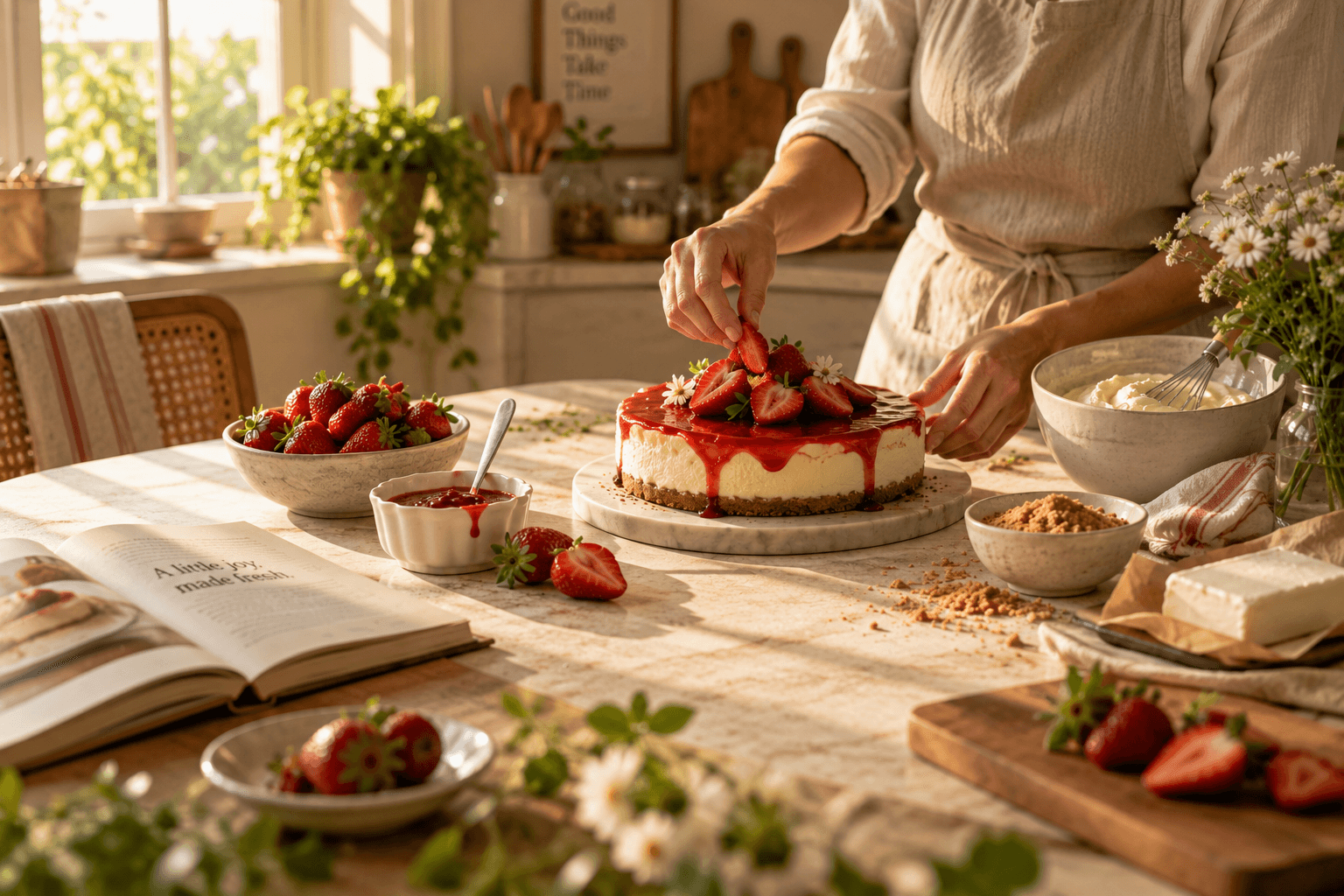 Fresh strawberry cheesecake being finished in a warm kitchen