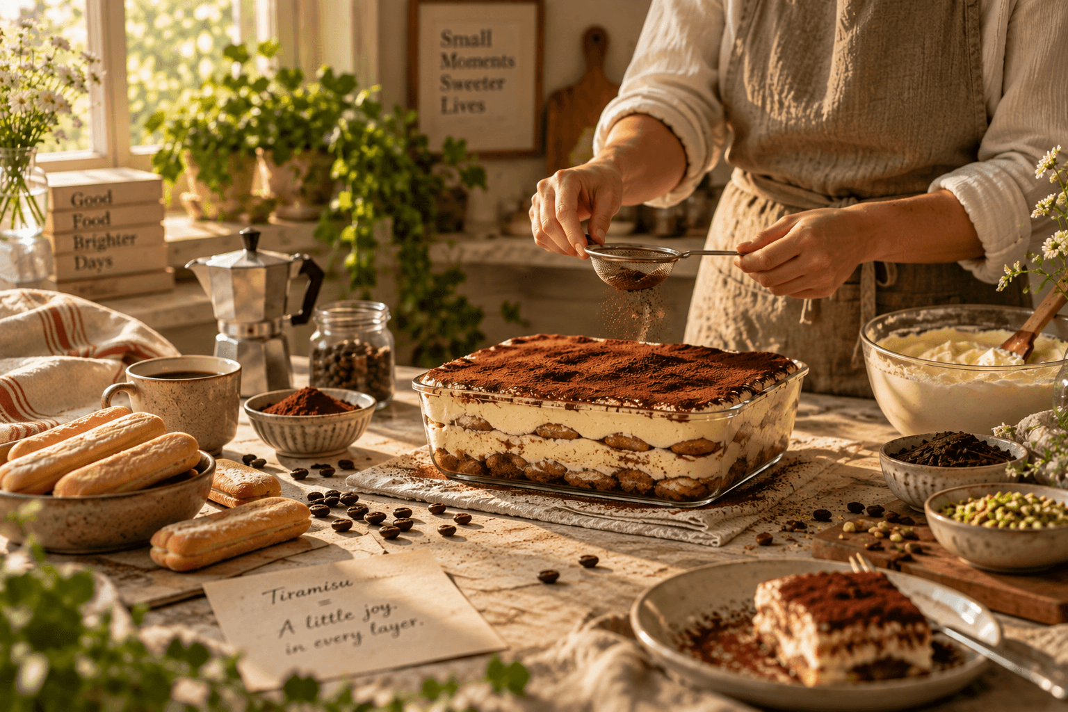 Fresh tiramisu being finished in a warm kitchen